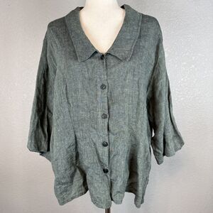 Flax Womens Button Up Top L Large Green 100% Linen 3/4 Wide Sleeve Minimalist